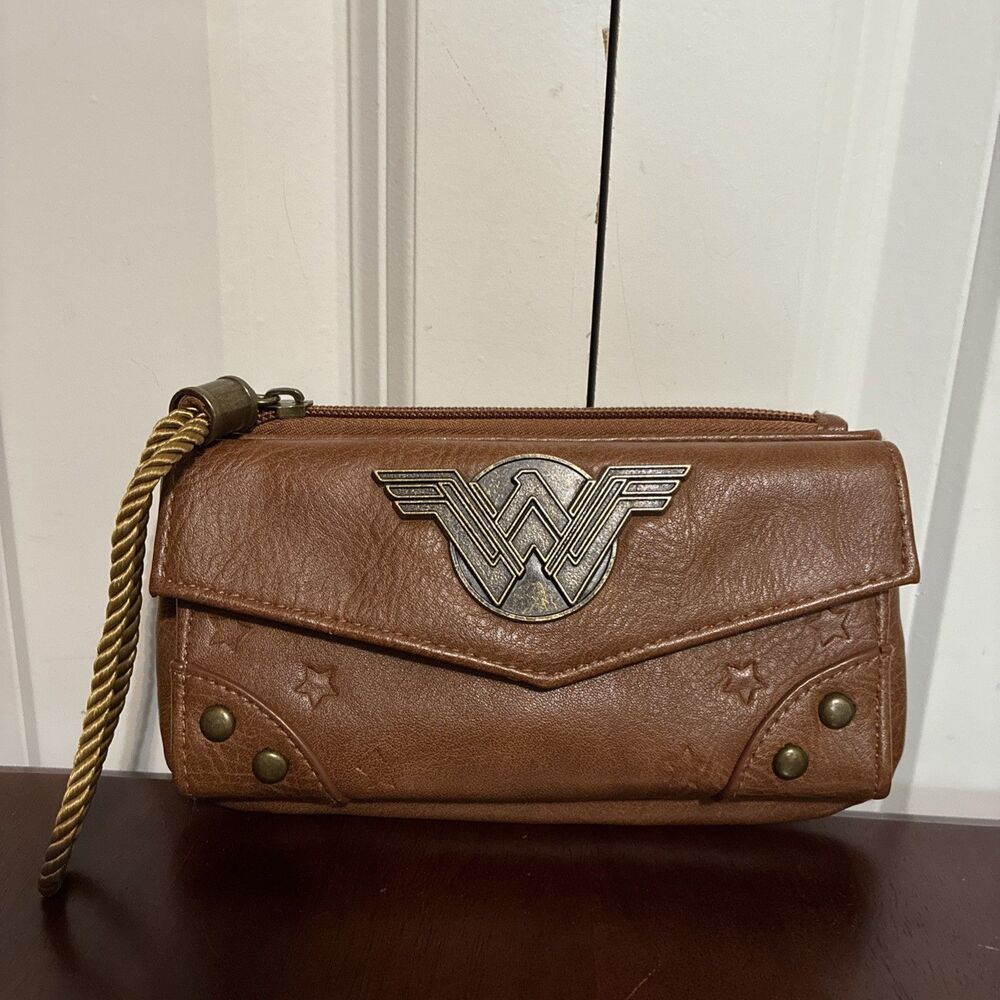 Wonder Woman Brown Zip-Around Wristlet Wallet w/ Wrist Strap, Card Slots